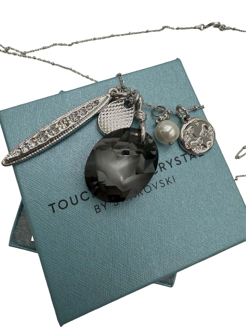 Touchstone Crystal by Swarovski Charm Necklace Smoky Grey Crystal Pearl Silver